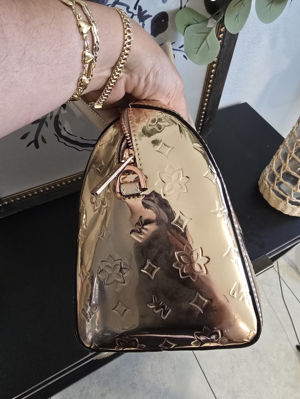Michael Kors Kara Mirror Metallic Embossed Large Duffle Satchel Bag Rose Gold - Picture 13 of 14